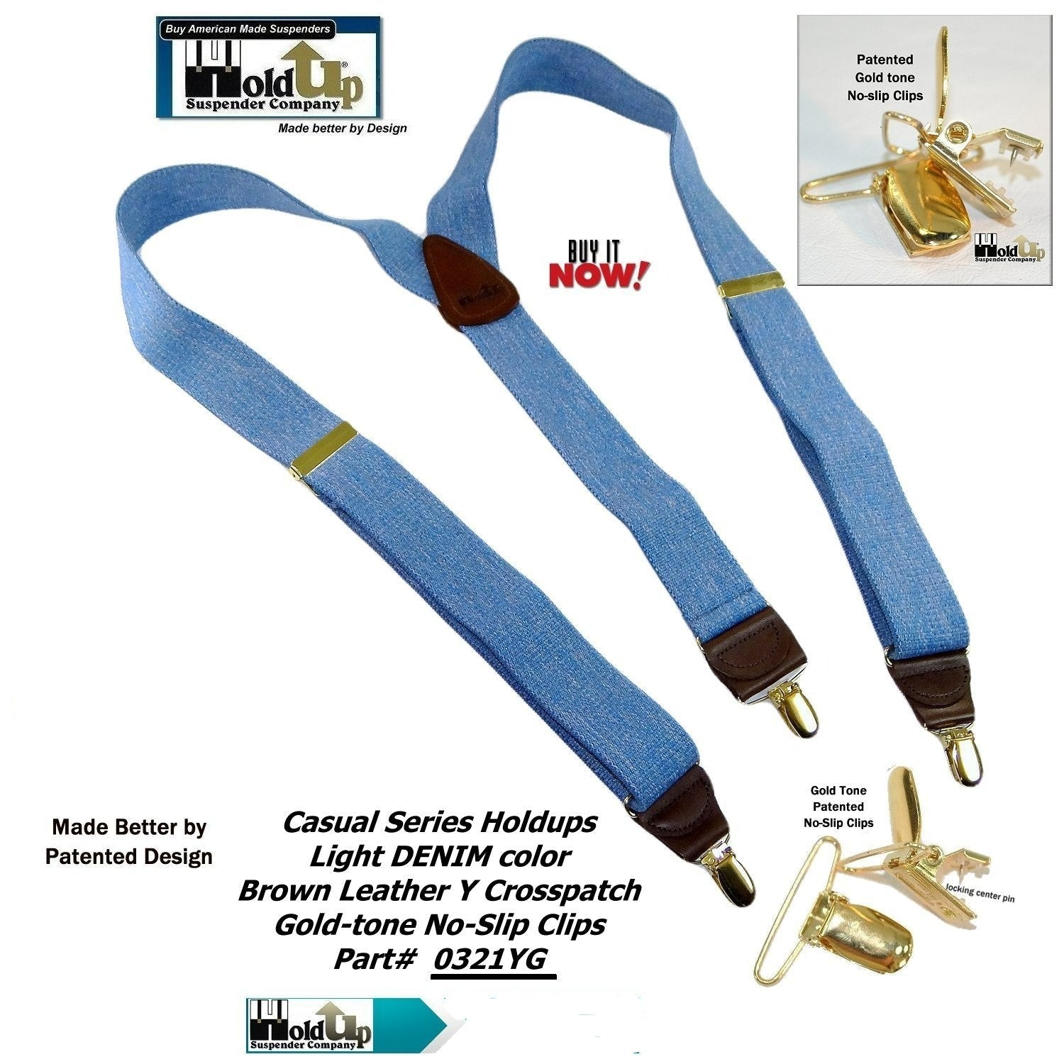 Holdup Brand USA made Double-Ups Style Men's Suspenders in a light Blue  Denim Color and Y-Back crosspatch
