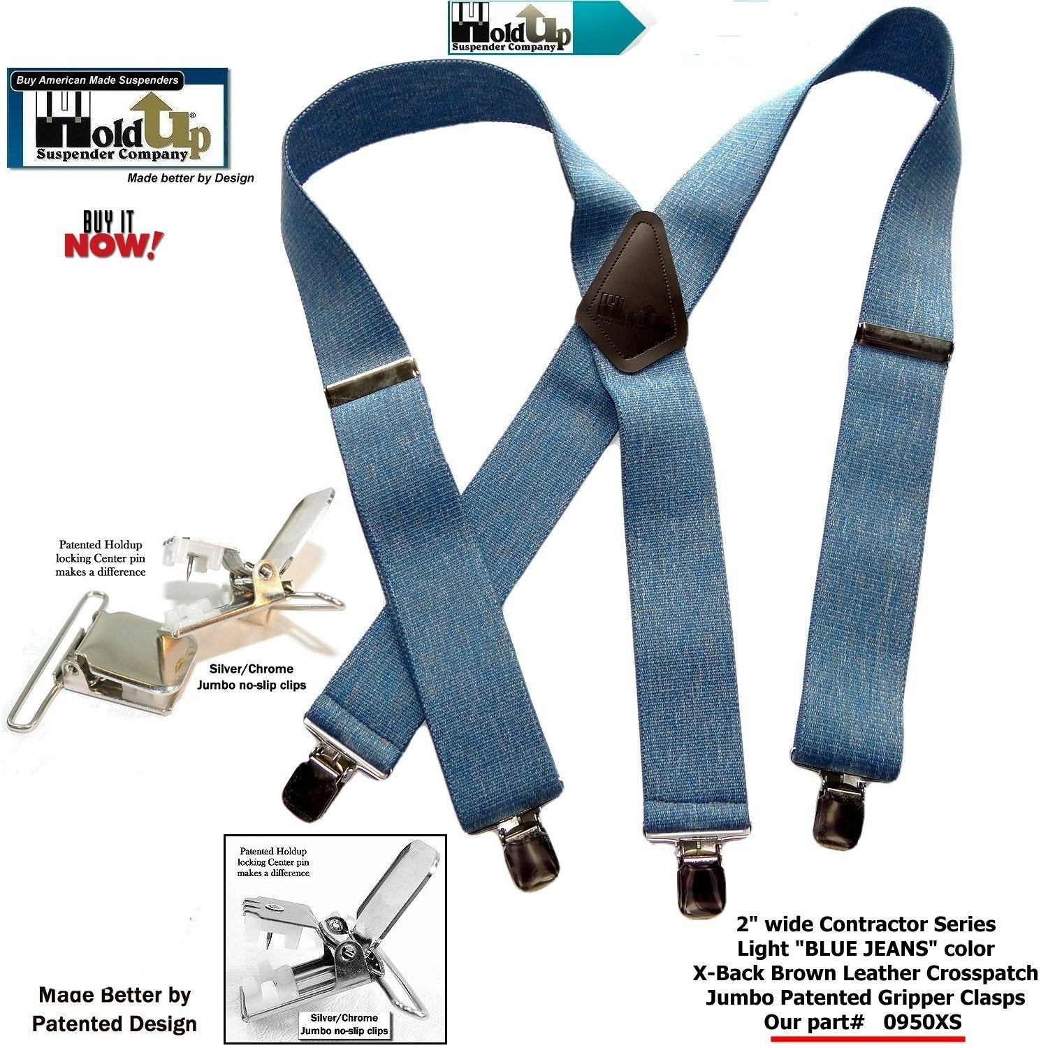 Holdup Suspenders in Wide heavy duty Graphite Black color in X-back Style  with Patented No-slip Jumbo Silver Clips