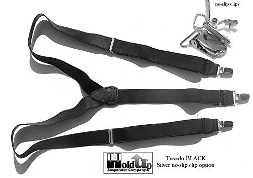 Holdup Brand Black Formal Series 1" Satin Finished Suspenders in Y-back with Nickel No-slip Clips