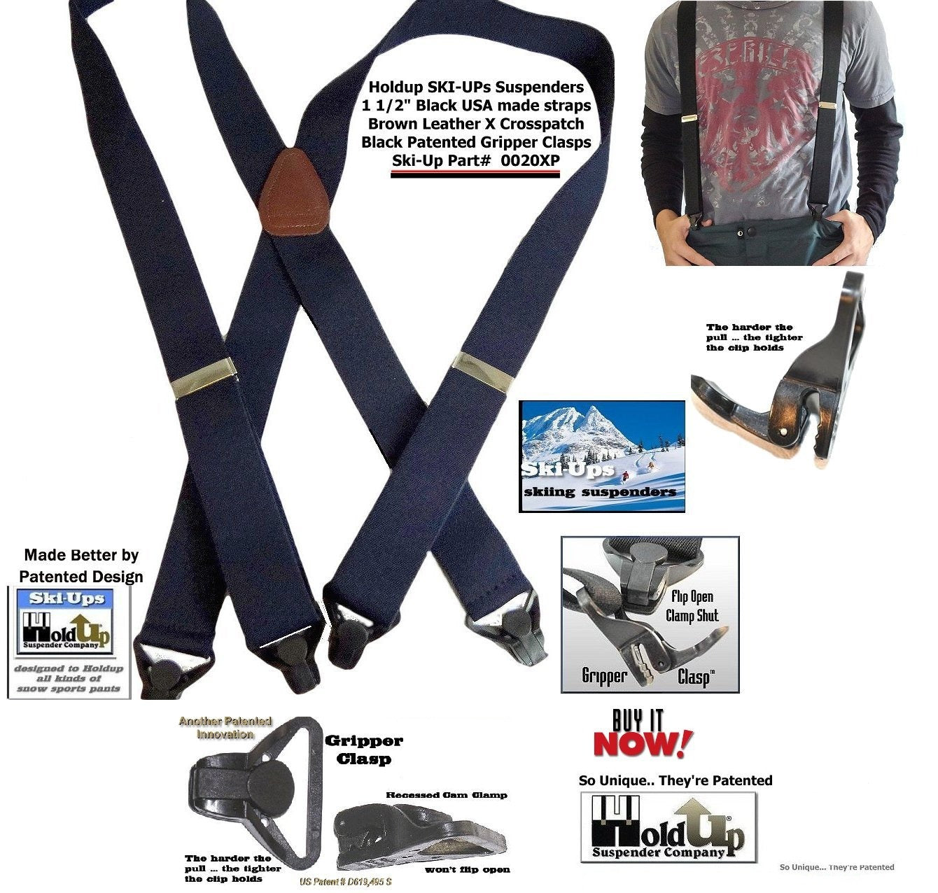 Hold-Ups Red Snow Ski Suspenders, USA Patented Gripper Clasps X-Back 1 –  Holdup-Suspender-Company