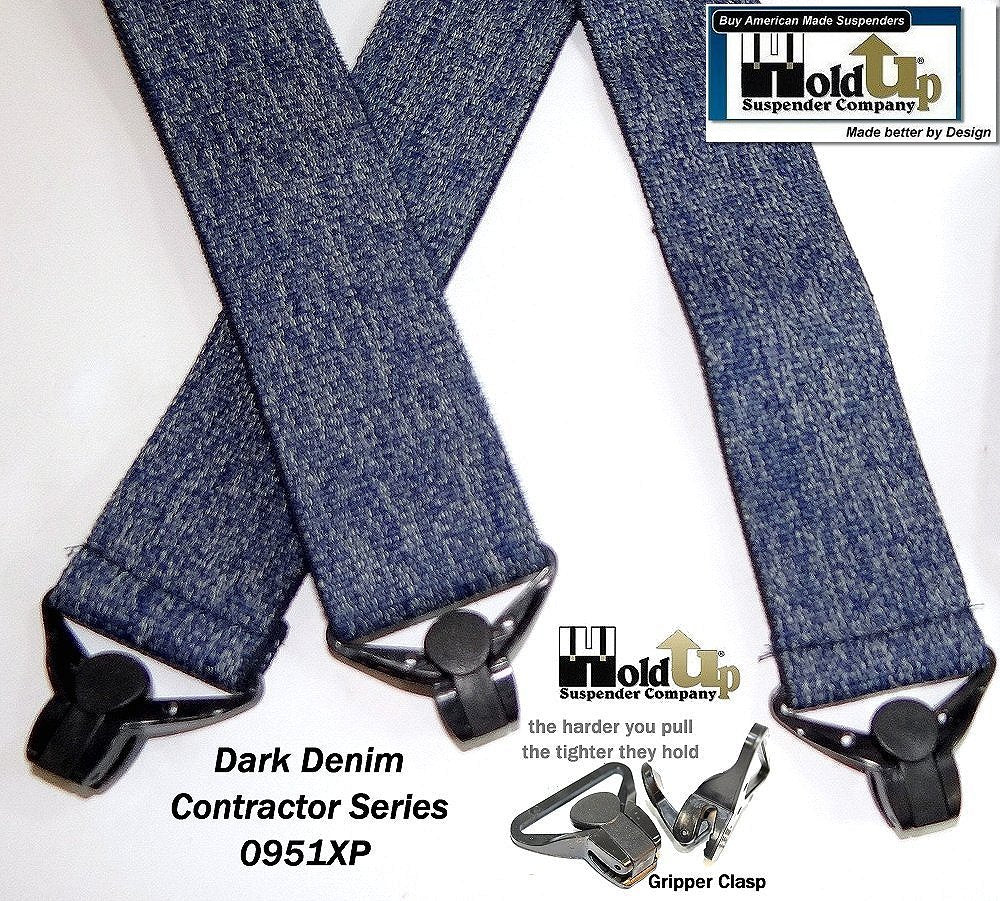 Holdup Brand Heavy Duty Dark Denim Work Suspenders with jumbo USA Patented  Gripper Clasps