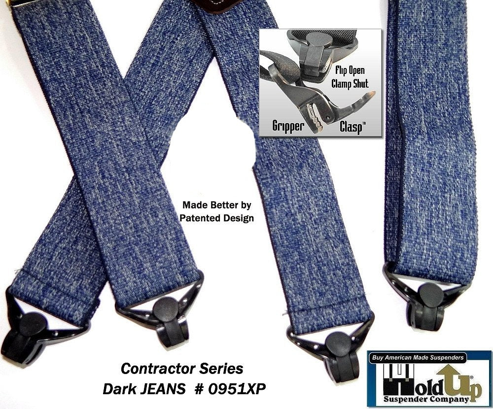 Holdup Brand Heavy Duty Dark Denim Work Suspenders with jumbo USA Patented  Gripper Clasps