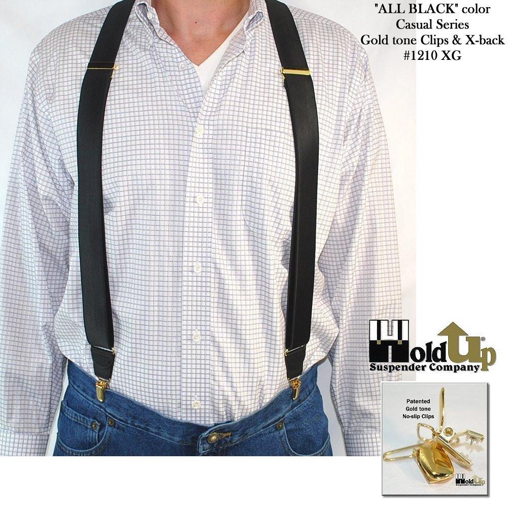 Holdup All Black Casual Series Suspenders in X-back style and USA patented  Gold No-slip Clips