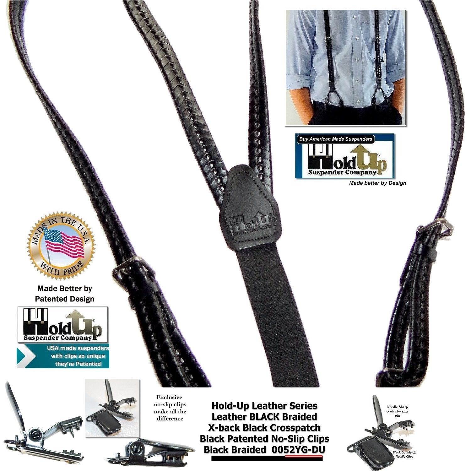 UNISEX genuine braided black leather top suspenders - size 90