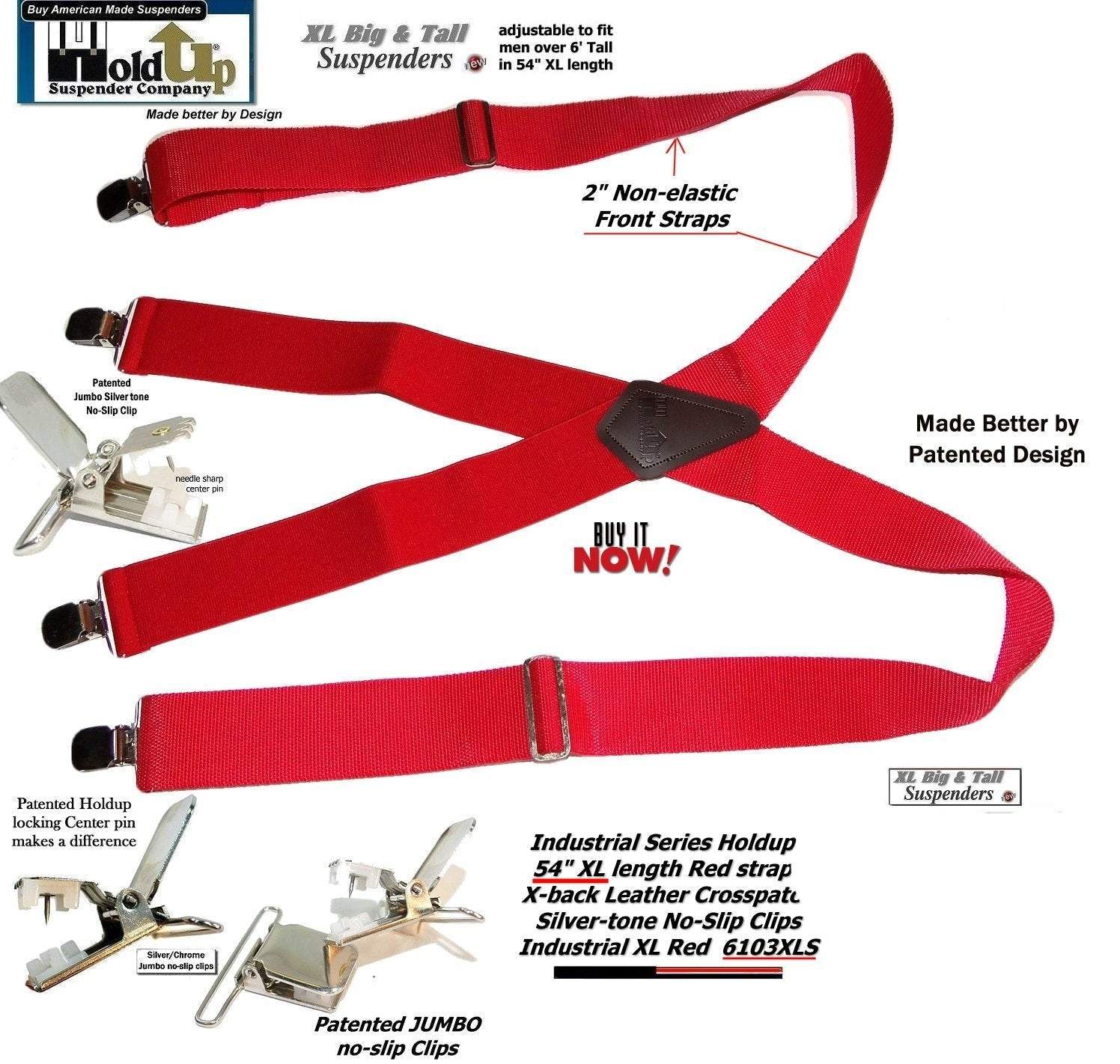 RED Industrial Series Heavy Duty X-back Suspenders with No-slip Jumbo  Silver Clips